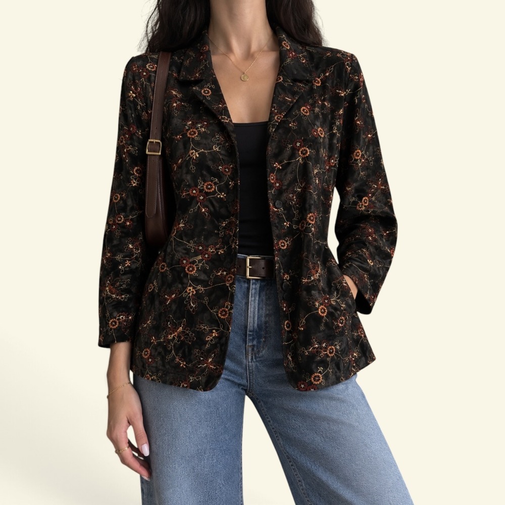 Vintage SilkLand Embroidered Silk Jacket Blouse Black 90s Y2K Whimsigoth Size 8P